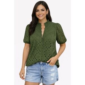 Women's Short Sleeve Casual Button Hollow Out Lace Embroidered Blouse